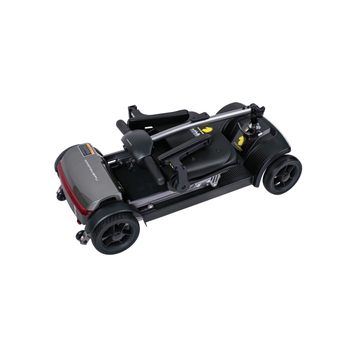 The Forcemech PathMate Portable Mobility Scooter is a compact, foldable black scooter with four wheels, armrests, and a handlebar, shown fully collapsed for easy transport and storage.