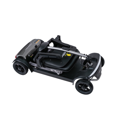 The Forcemech PathMate Portable Mobility Scooter is a compact, black, four-wheeled scooter shown folded, featuring a seat and designed for easy mobility, transport, and storage.
