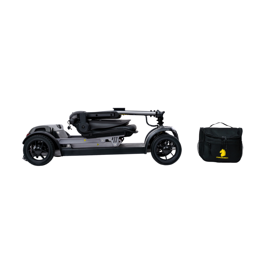 The Forcemech PathMate Portable Mobility Scooter, shown here in black and gray fully folded next to its carrying bag on a white background, highlights its compact, foldable design for easy transport and convenience.