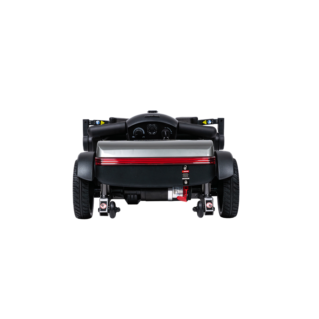 The Forcemech PathMate Portable Mobility Scooter in black and silver is shown from the rear, highlighting its two large back wheels, red reflector strip, control panel, and a small fire extinguisher mounted underneath for easy mobility.