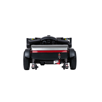 The Forcemech PathMate Portable Mobility Scooter in black and silver is shown from the rear, highlighting its two large back wheels, red reflector strip, control panel, and a small fire extinguisher mounted underneath for easy mobility.