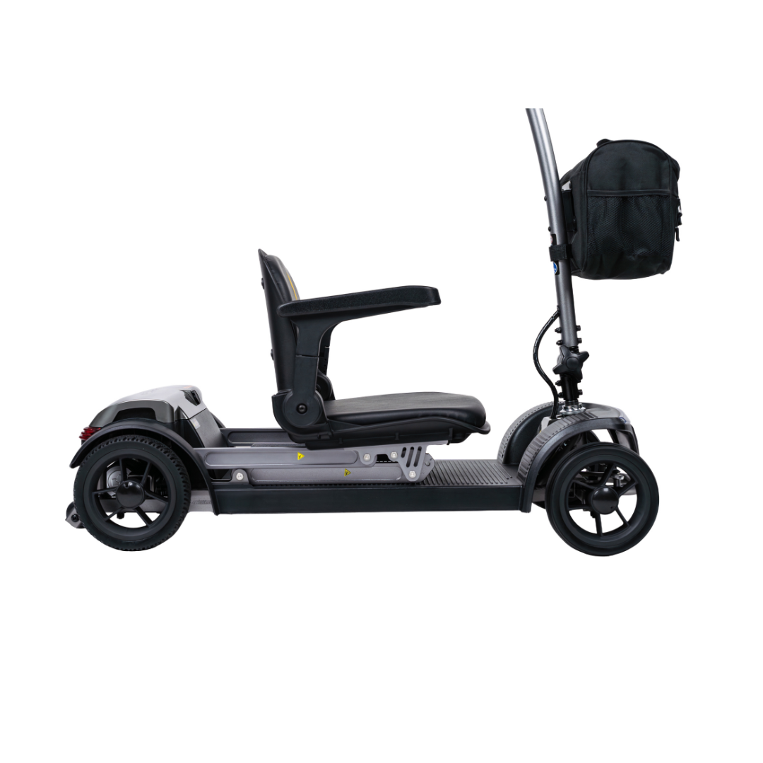A side view of the compact Forcemech PathMate Portable Mobility Scooter, featuring three wheels, a black seat with armrests, and a front storage bag on the steering column, designed for easy mobility, shown against a white background.