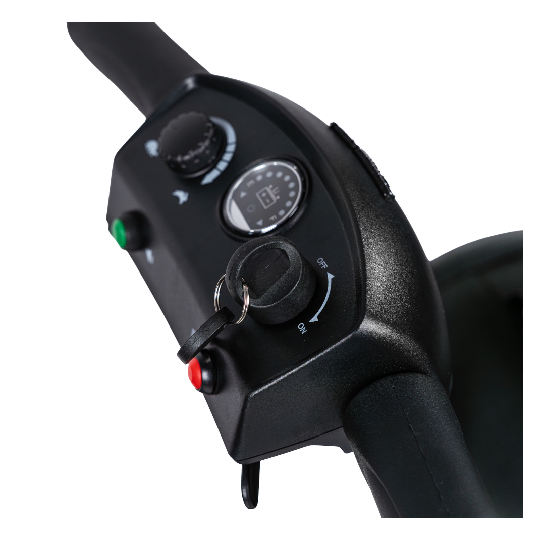 Close-up of the Forcemech PathMate Portable Mobility Scooter control panel featuring a key ignition, speed dial, buttons, and display screen on a black console—engineered for smooth and effortless mobility.