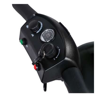 Close-up of the Forcemech PathMate Portable Mobility Scooter control panel featuring a key ignition, speed dial, buttons, and display screen on a black console—engineered for smooth and effortless mobility.