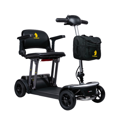The Forcemech PathMate Portable Mobility Scooter in black features four wheels, armrests, a padded seat, handlebar, and a front-mounted black storage bag, both displaying a yellow horse logo for easy mobility.