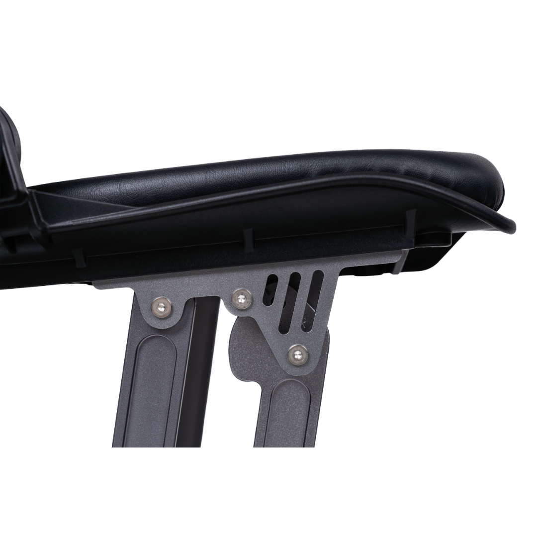 Close-up of the black padded seat’s underside, highlighting metal support legs with bolts and adjustment slots—reflecting the sturdy design of the Forcemech PathMate Portable Mobility Scooter for reliable, effortless mobility.