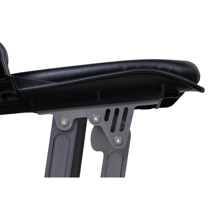Close-up of the black padded seat’s underside, highlighting metal support legs with bolts and adjustment slots—reflecting the sturdy design of the Forcemech PathMate Portable Mobility Scooter for reliable, effortless mobility.