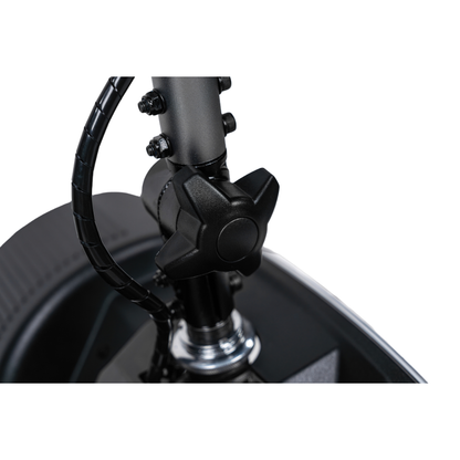 Close-up of a black adjustment knob on the Forcemech PathMate Portable Mobility Scooter’s metal pole, with a protective cable alongside for smooth and easy mobility.