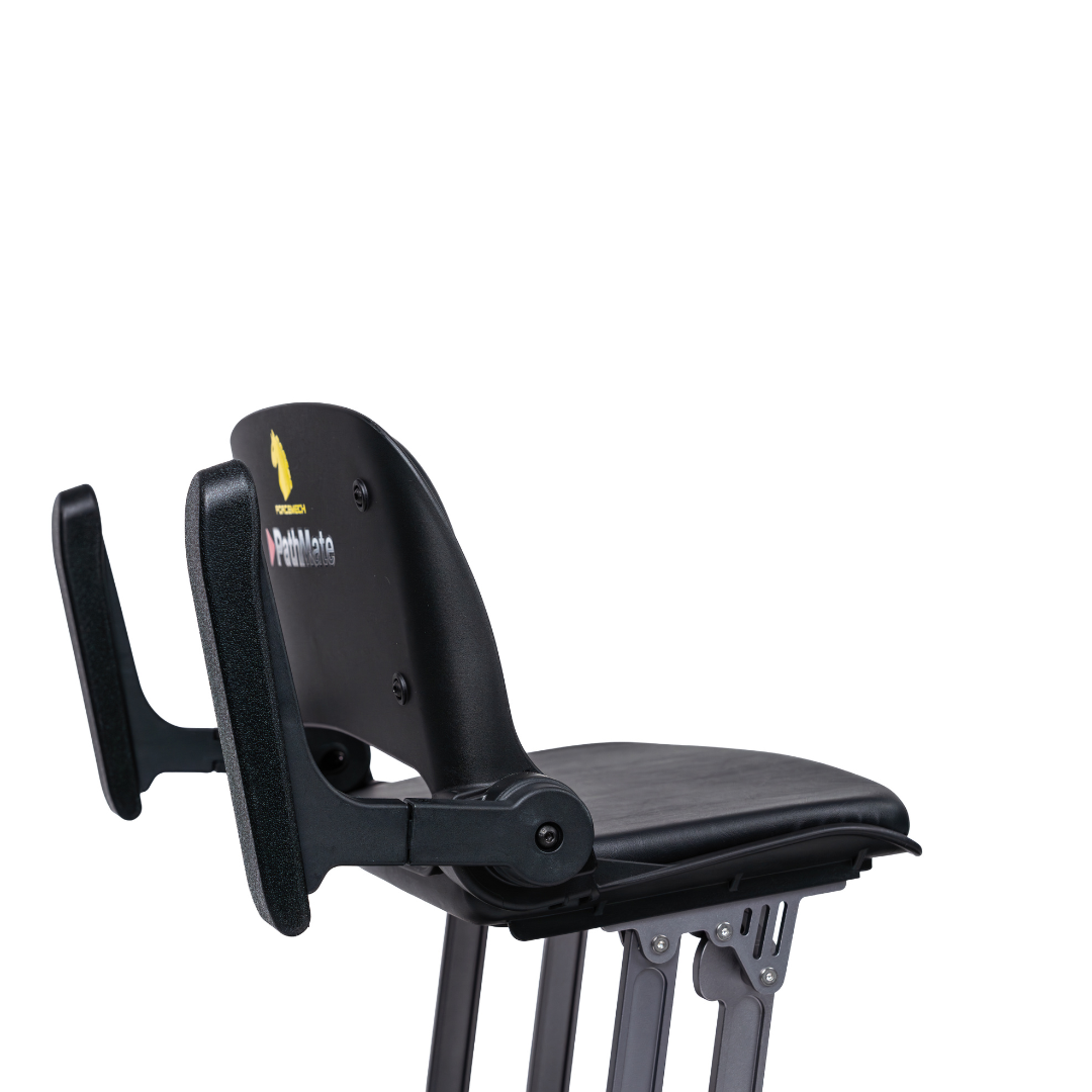 A close-up of the Forcemech PathMate Portable Mobility Scooter, featuring a padded seat, backrest, and two adjustable armrests with metal legs and a logo on the backrest, designed for effortless mobility against a white background.