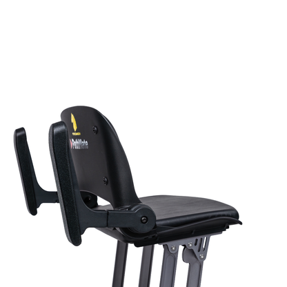 A close-up of the Forcemech PathMate Portable Mobility Scooter, featuring a padded seat, backrest, and two adjustable armrests with metal legs and a logo on the backrest, designed for effortless mobility against a white background.