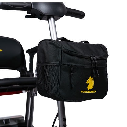 A black accessory bag with a yellow horse logo and FORCEMECH text is attached to the handlebar of the Forcemech PathMate Portable Mobility Scooter, featuring side mesh pockets and zippered compartments for easy access on the go.