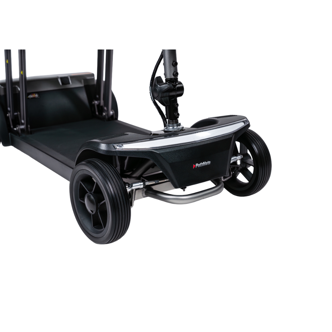 Close-up of the front wheels and frame of a black Forcemech PathMate Portable Mobility Scooter, with the PathRider logo visible. The image highlights the scooter’s sleek design and effortless mobility, focusing on the lower front section.