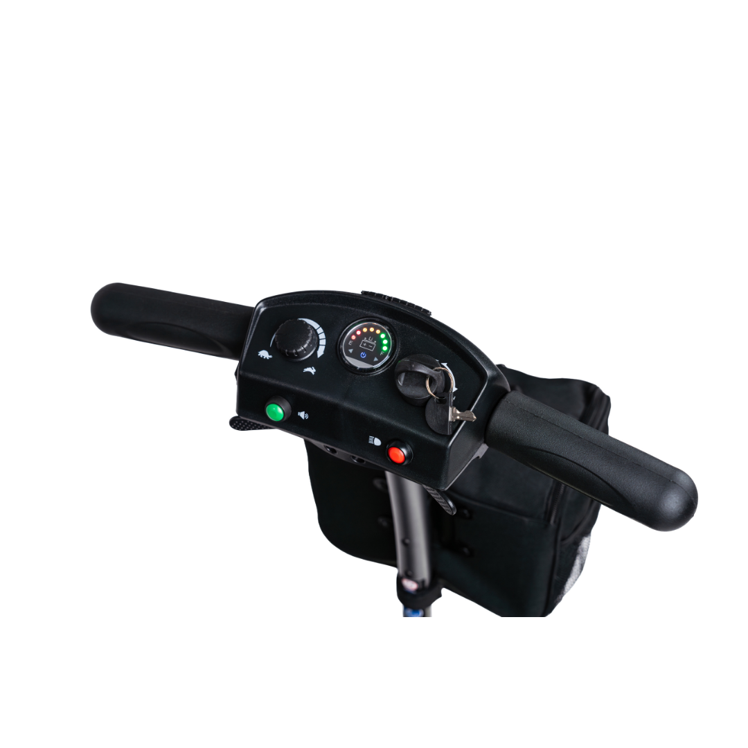 Close-up view of the Forcemech PathMate Portable Mobility Scooter control panel featuring handlebars, speed dial, ignition key, battery indicator, and buttons against a white background—engineered for easy mobility.