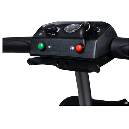 Close-up of the Forcemech PathMate Portable Mobility Scooter control panel, showcasing a key, speed dial, battery indicator, green speaker button, red light button, and two black levers for easy forward and reverse mobility.