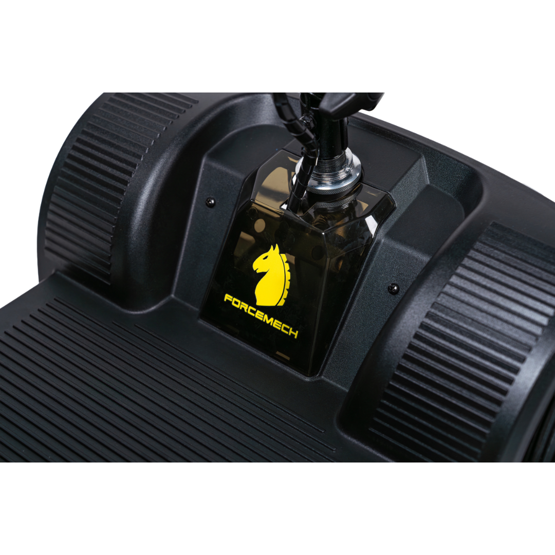 Close-up view of the Forcemech PathMate Portable Mobility Scooter in black, showcasing a yellow horse head logo on a transparent panel between two large textured wheels for easy mobility.