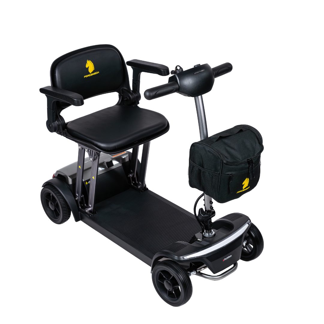 The Forcemech PathMate Portable Mobility Scooter is a compact black 4-wheel scooter with a padded seat, armrests, handlebars, and a front black storage bag. Yellow branding appears on the seat and bag, offering easy, stylish mobility.