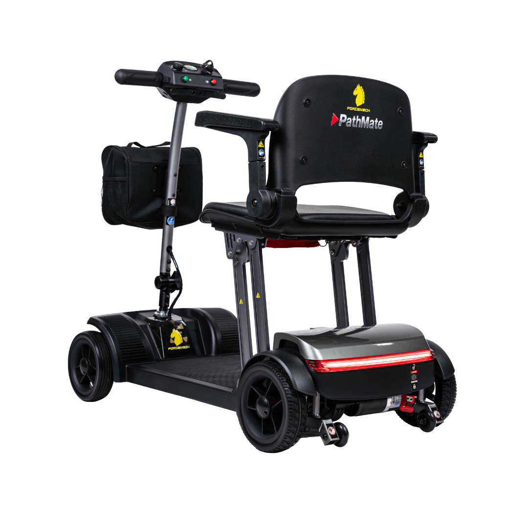 The Forcemech PathMate Portable Mobility Scooter is black with a seat, armrests, backrest, and the PathMate logo. It has four wheels, a control panel, and a storage pouch attached to the handlebar for easy mobility.