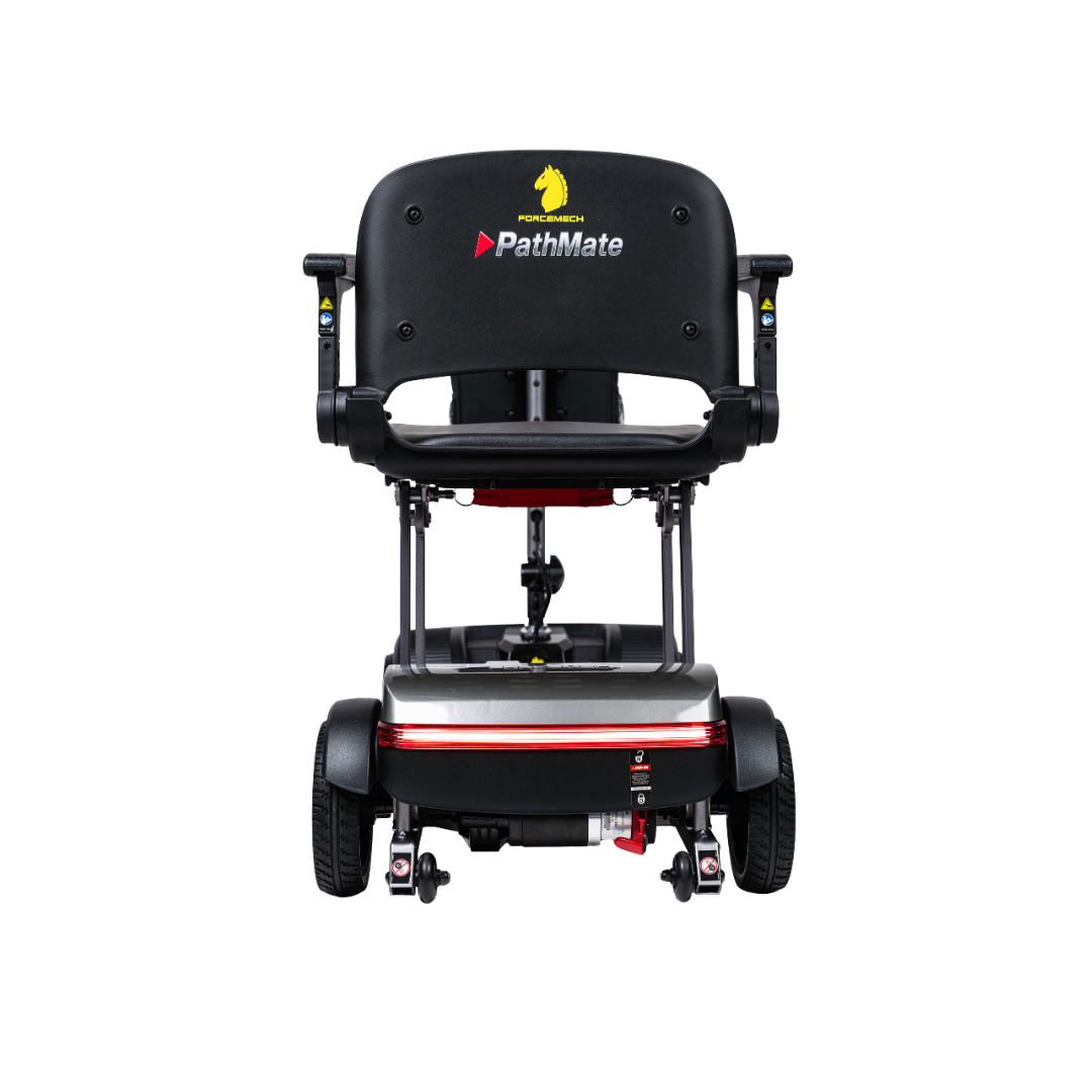 Front view of a Forcemech PathMate Portable Mobility Scooter with a yellow horse logo on the seat back, red accents, and four wheels, designed for easy mobility and convenient portability.