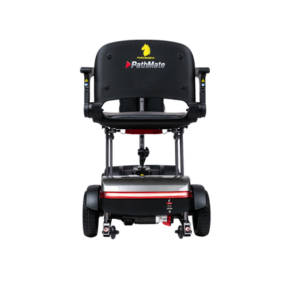 Front view of a Forcemech PathMate Portable Mobility Scooter with a yellow horse logo on the seat back, red accents, and four wheels, designed for easy mobility and convenient portability.