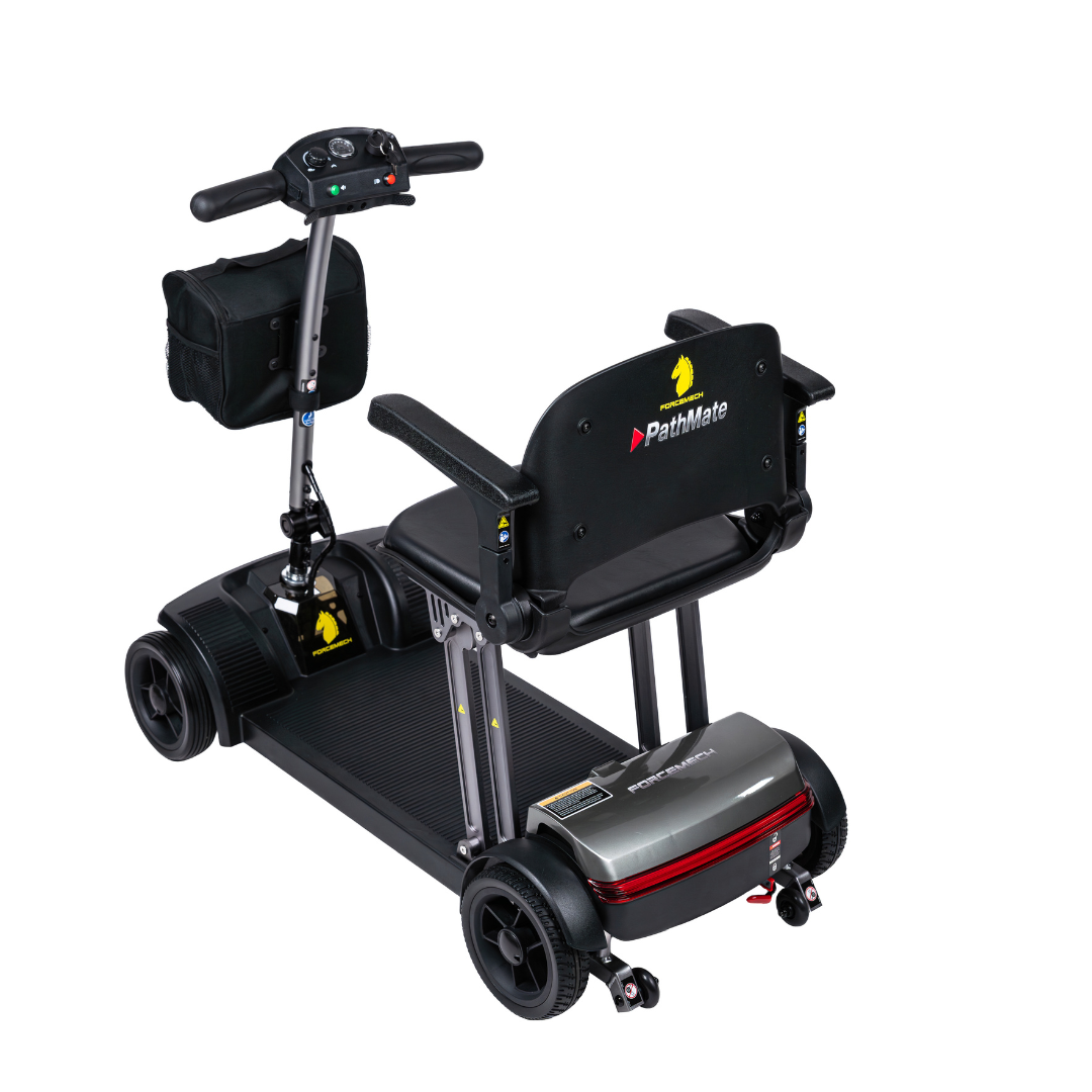 The Forcemech PathMate Portable Mobility Scooter features a black seat with armrests, four wheels, a storage pouch on the handlebar, and PathMate branding on the seat back. It is pictured from the rear on a white background.