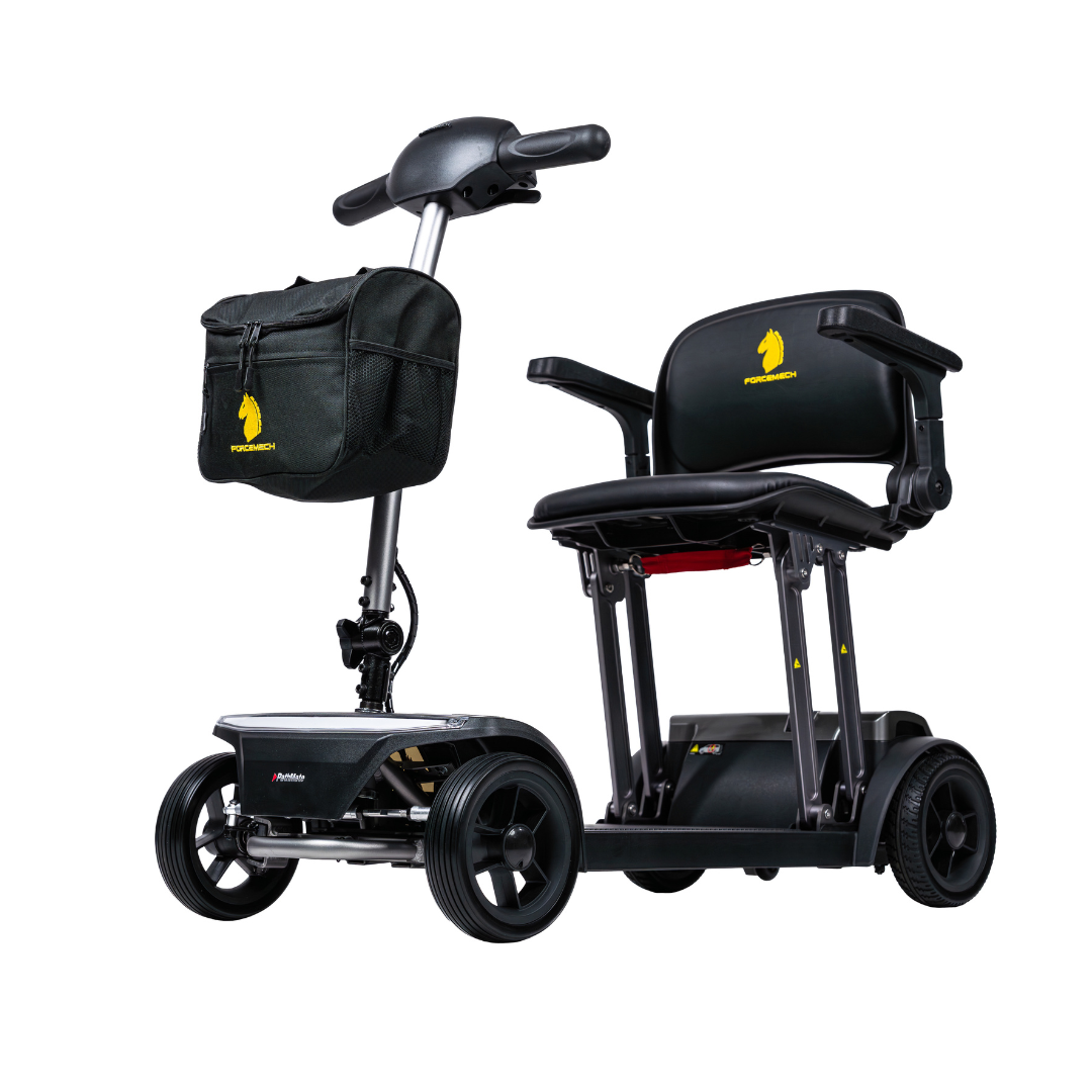 The Forcemech PathMate Portable Mobility Scooter is a compact, foldable four-wheel scooter with a black seat, handlebars, and storage bag—each displaying a yellow knight chess piece logo—designed for easy mobility.