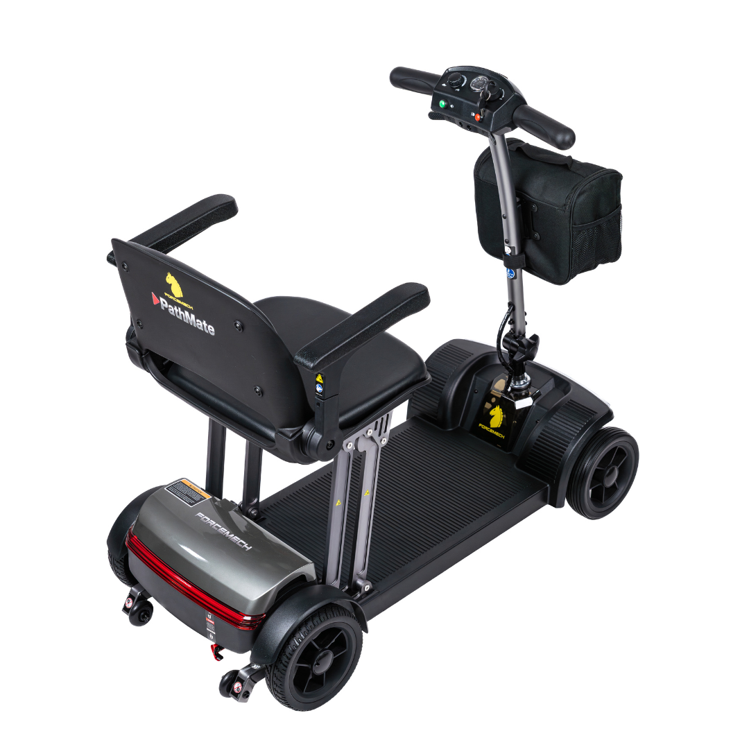 The Forcemech PathMate Portable Mobility Scooter is black with a cushioned seat, armrests, four wheels, a handlebar storage pouch, and a backrest displaying the PathMate logo and yellow duck for easy mobility.