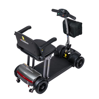 The Forcemech PathMate Portable Mobility Scooter is black with a cushioned seat, armrests, four wheels, a handlebar storage pouch, and a backrest displaying the PathMate logo and yellow duck for easy mobility.