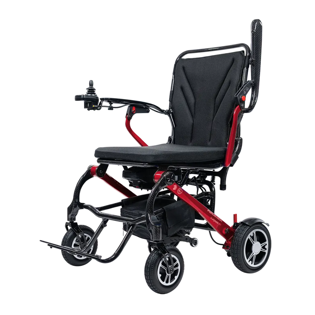 The Forcemech Carbon F1 Ultralight Folding Powerchair weighs just 33 lbs and features a black cushioned seat, red frame, right-arm joystick control, four wheels, and a foldable design for enhanced mobility and comfort.