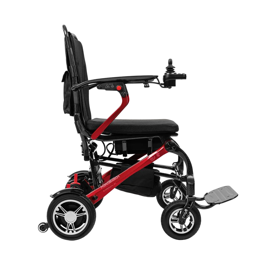 The Forcemech Carbon F1 Ultralight Folding Powerchair weighs only 33 lbs and features a red and black frame, padded seat and backrest, adjustable armrests, right-arm joystick, footrest, and four wheels—ideal for comfortable travel.