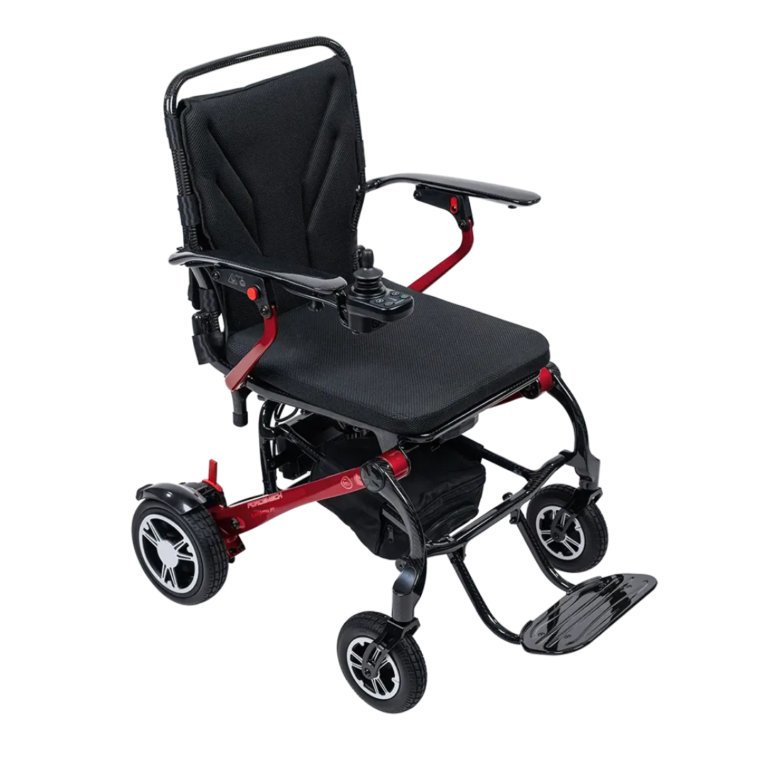 The Forcemech Carbon F1 Ultralight Folding Powerchair weighs only 33 lbs and features a black seat and backrest, red frame accents, armrests, joystick control, four wheels, and a footrest—ideal for easy portability.
