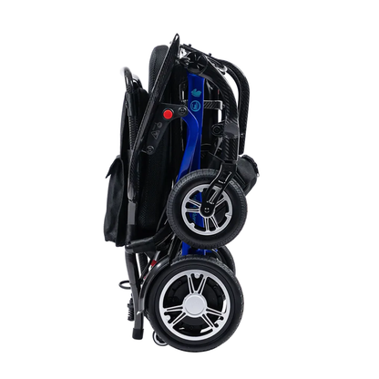 The Forcemech Carbon F1 Ultralight Folding Powerchair (only 33 lbs) features a compact, foldable design with a black seat and frame, blue side accents, and silver-rimmed wheels—upright for easy storage or transport.