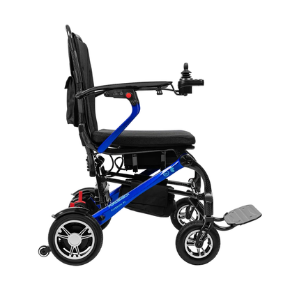 The Forcemech Carbon F1 Ultralight Folding Powerchair, weighing just 33 lbs, features a blue frame, black cushioned seat and backrest, joystick armrest control, footrest, and four wheels—shown from the side against a white background.