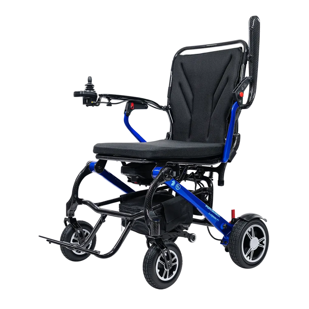 The Forcemech Carbon F1 Ultralight Folding Powerchair (only 33 lbs) features a black seat, blue and black frame, joystick armrest control, four wheels, and footrest, shown against a white background.