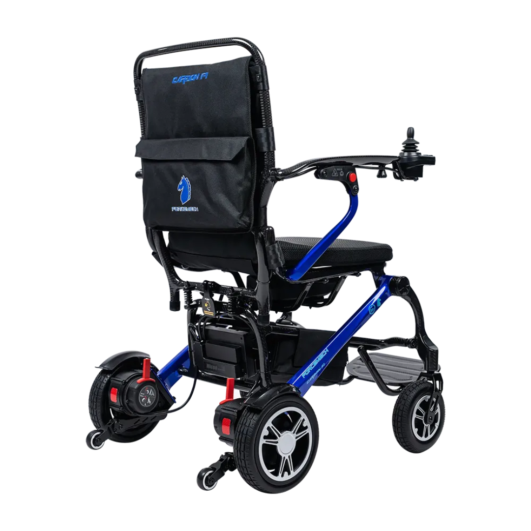 The Forcemech Carbon F1 Ultralight Folding Powerchair (only 33 lbs) is a blue and black electric wheelchair featuring a right armrest joystick, rear storage pouch, and four wheels; shown from a rear-side angle against a white background.