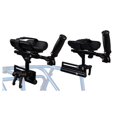 A pair of Forearm Platforms for Klip Pediatric Walker Rollators with padded armrests and adjustable straps, mounted on a walker frame. The image features a white background.