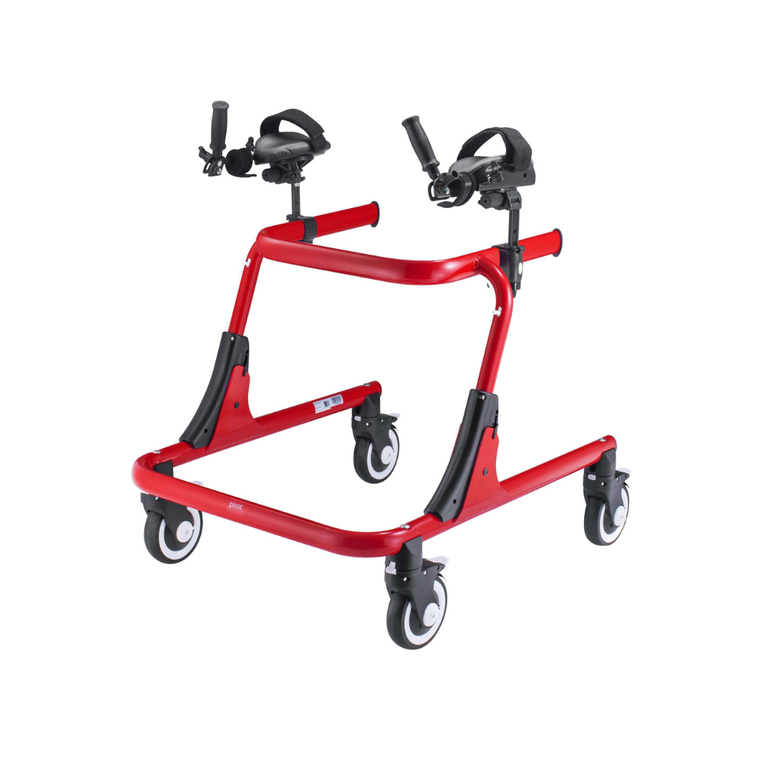The Forearm Platforms for Pivot Gait Trainer are adjustable supports designed for children's mobility, featuring padded arm rests and hand grips for comfort. Compatible with red Pivot Gait Trainers with four black and white casters.