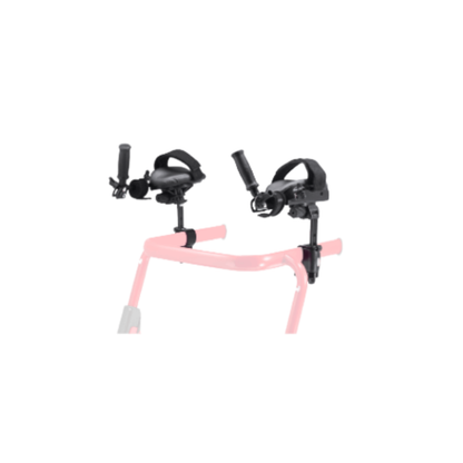 Two black Forearm Platforms For Pivot Gait Trainer are mounted on the handles of a light pink gait trainer, providing support for walking and balance. The product is shown against a plain white background.