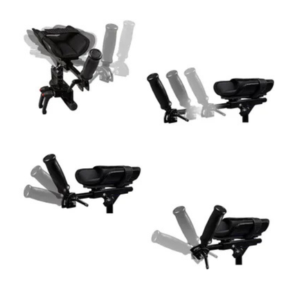 The Forearm Platforms for Kip Pediatric Walker Rollators feature a handle and adjustable handgrips for customizable support in a black pediatric posterior walker.