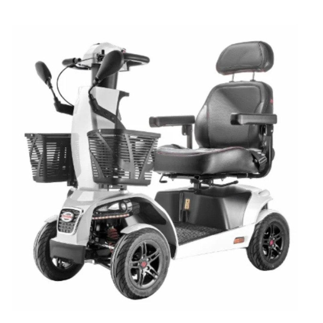 The FreeRider FR1 Terrain Heavy Duty Mobility Scooter features four wheels, a padded seat, armrests, headrest, front control panel, and dual front baskets for accessible personal transport with enhanced handling for smoother rides.