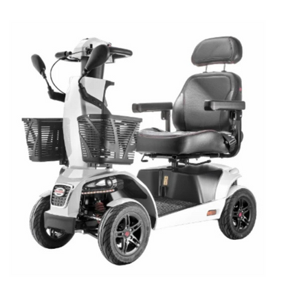 The FreeRider FR1 Terrain Heavy Duty Mobility Scooter features four wheels, a padded seat, armrests, headrest, front control panel, and dual front baskets for accessible personal transport with enhanced handling for smoother rides.