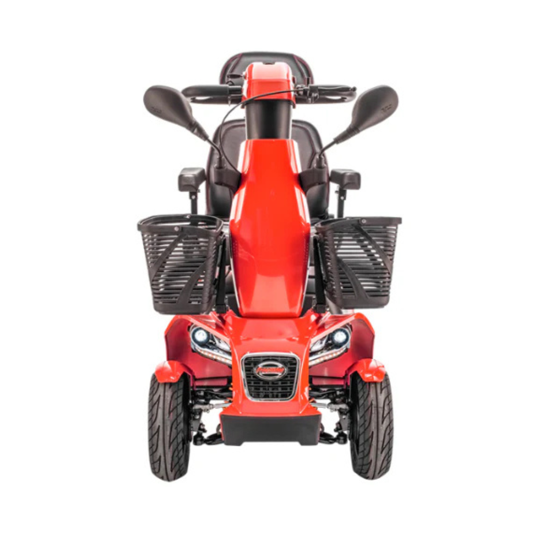 Front view of the FreeRider FR1 Terrain Heavy Duty Mobility Scooter in bright red, showcasing sporty performance with two side mirrors, dual front baskets, and headlights, all set against a white background.