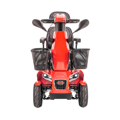 Front view of the FreeRider FR1 Terrain Heavy Duty Mobility Scooter in bright red, showcasing sporty performance with two side mirrors, dual front baskets, and headlights, all set against a white background.