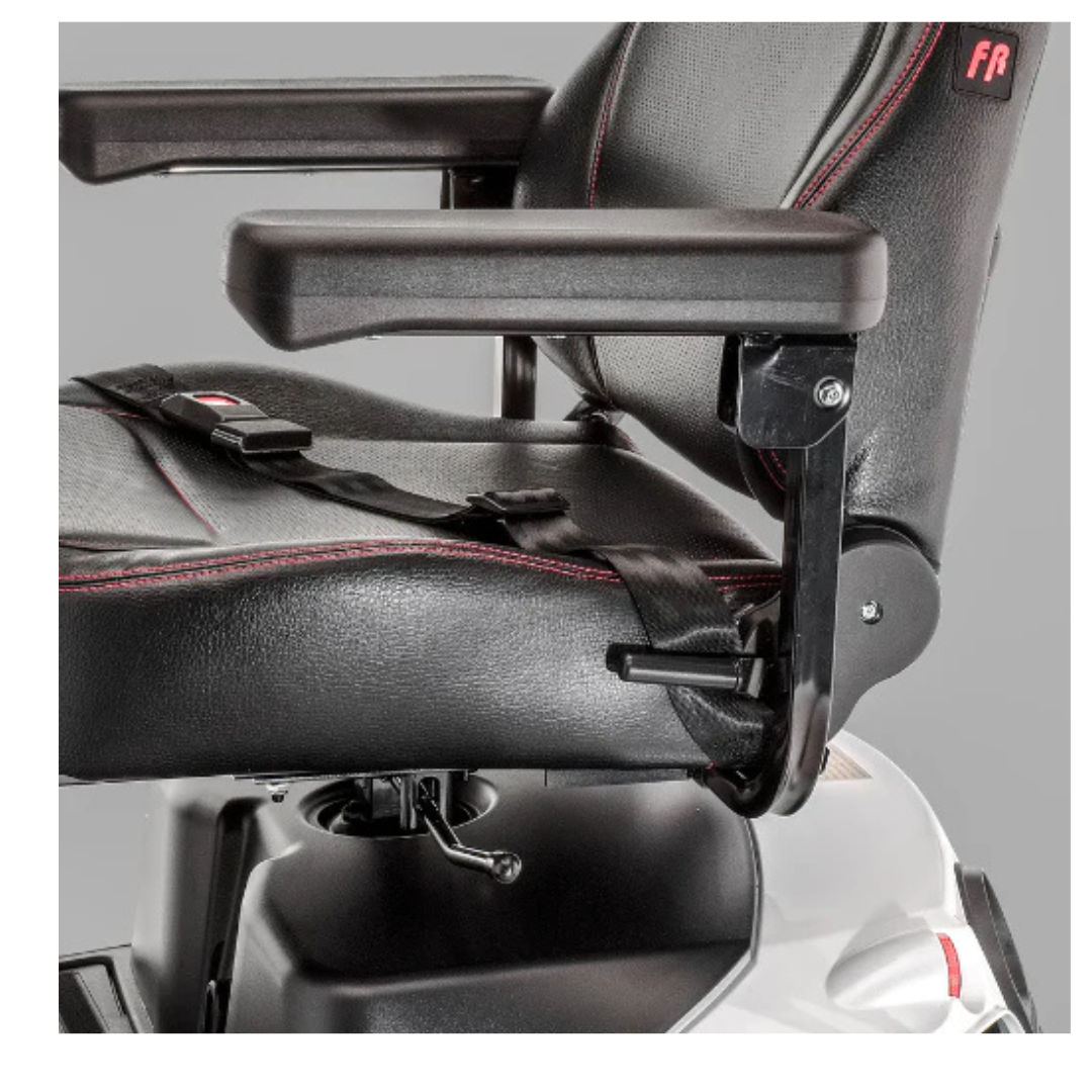 Close-up of the FreeRider FR1 Terrain Heavy Duty Mobility Scooter’s black seat with red stitching, padded armrests, seatbelt, and part of its white base—built for sporty performance and enhanced handling.