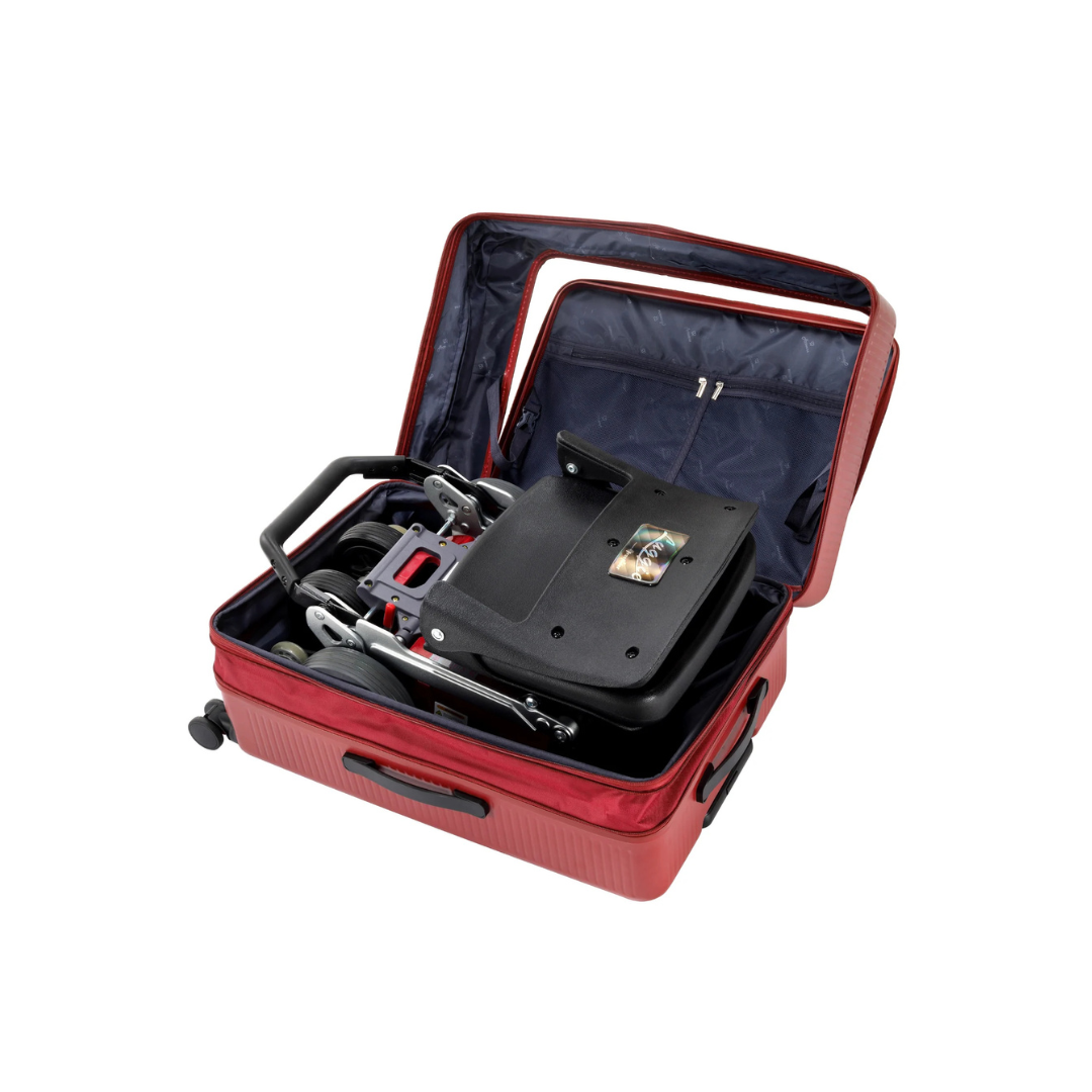 The FreeRider Luggie Suitcase, a protective travel case for Luggie scooters, is shown open with a folded mobility scooter inside, highlighting its compact design for easy and convenient transport.