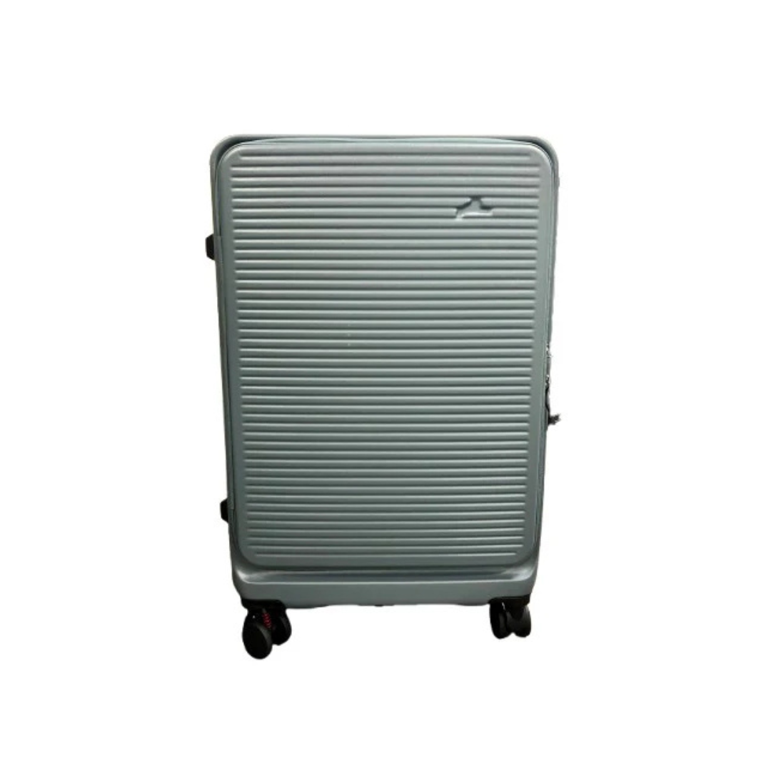The FreeRider Luggie Suitcase is a silver protective travel case for Luggie scooters, featuring a ribbed horizontal design and four black wheels—offering style and convenience for your scooter travels.