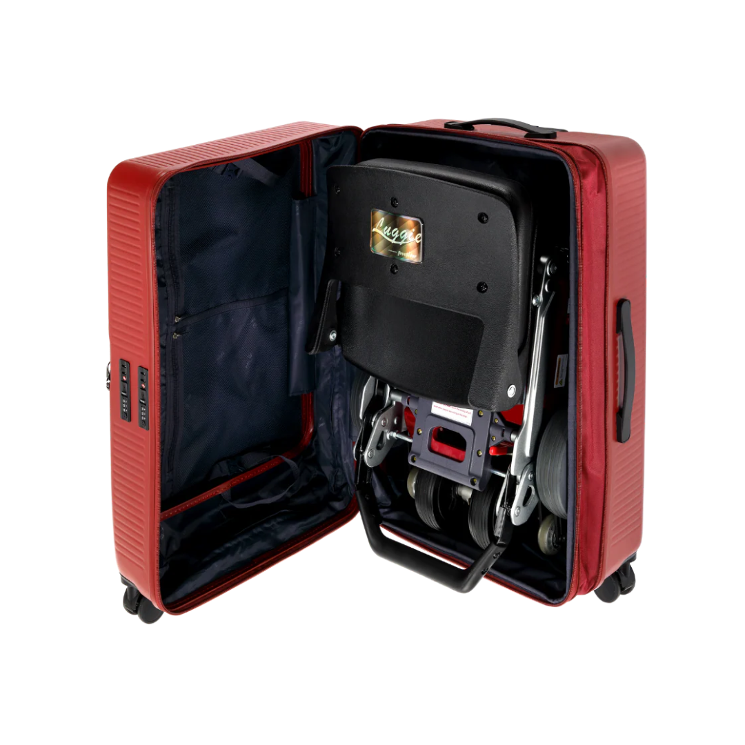 An open FreeRider Luggie Suitcase - Protective Travel Case for Luggie Scooters shows a compact folded mobility scooter stored neatly in one half, with the empty half lined with fabric pockets—ideal scooter travel luggage.