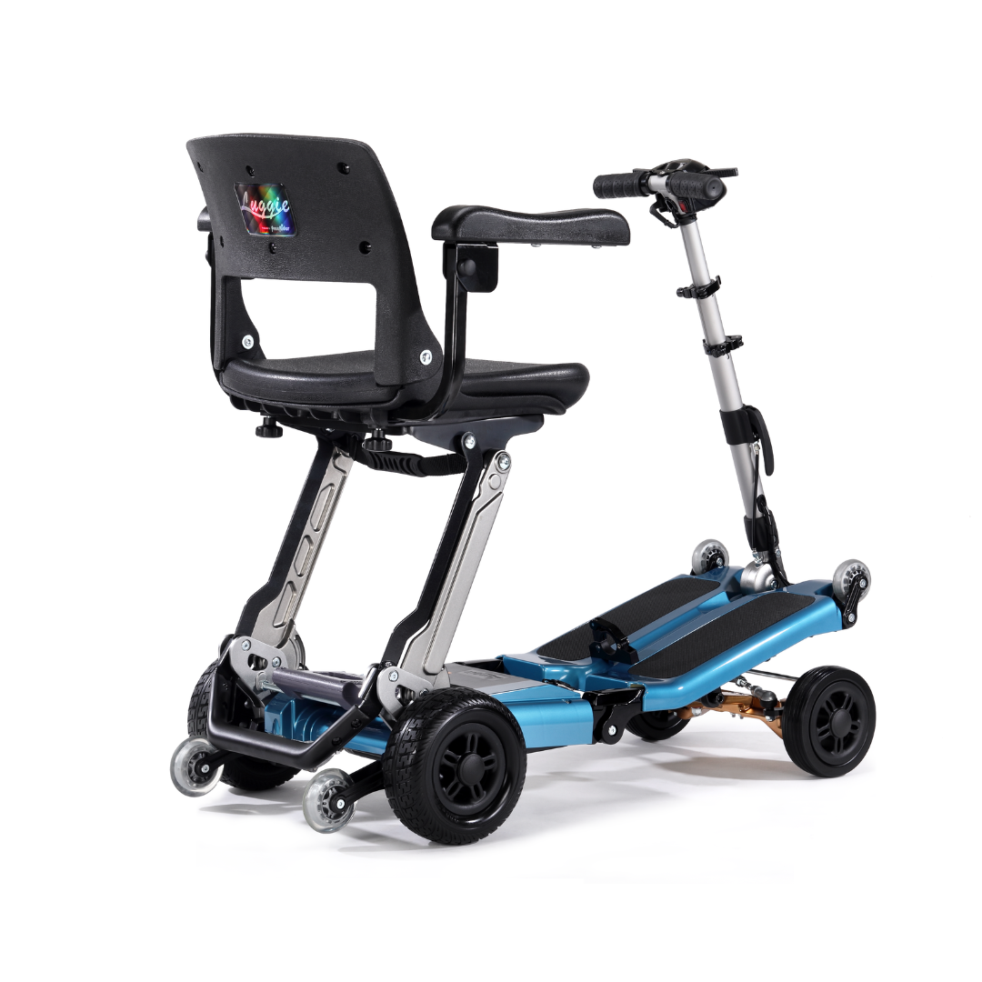 A FreeRider Luggie Super Plus 4 Travel Scooter in blue, featuring four wheels, a black seat with armrests, and a handlebar. Shown from the rear, it's built for accessible, easy transport and everyday freedom.
