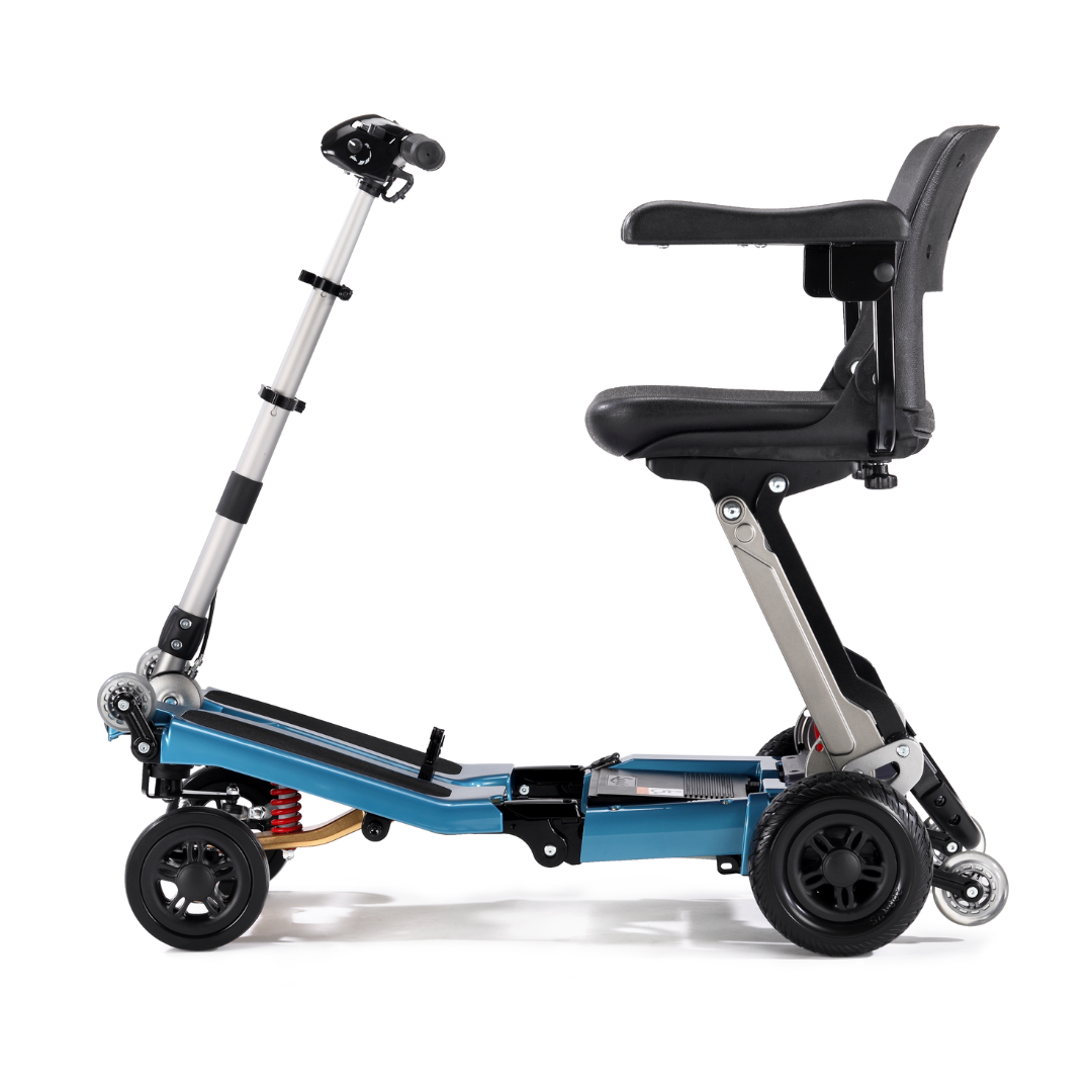 The FreeRider Luggie Super Plus 4 Travel Scooter is a compact, foldable mobility scooter with a blue frame, black seat with armrests, four wheels, handlebars, and a minimalist design, shown from the side on a white background.