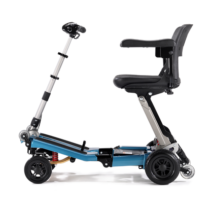 The FreeRider Luggie Super Plus 4 Travel Scooter is a compact, foldable mobility scooter with a blue frame, black seat with armrests, four wheels, handlebars, and a minimalist design, shown from the side on a white background.