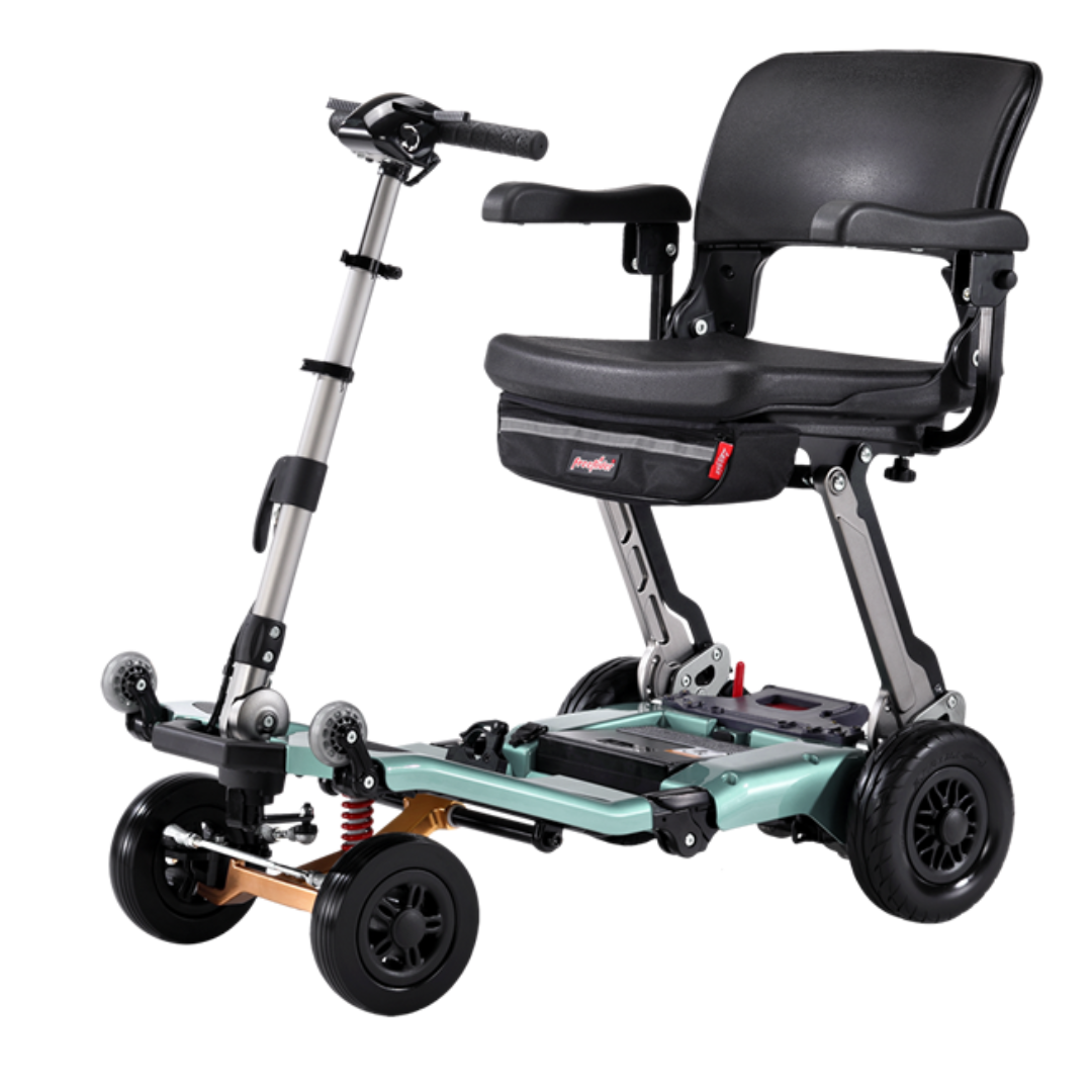 The FreeRider Luggie Super Plus 4 Travel Scooter is a lightweight, foldable mobility scooter with a padded seat, armrests, and four wheels. Its compact design and handlebars ensure easy transport and versatile use indoors or outdoors.